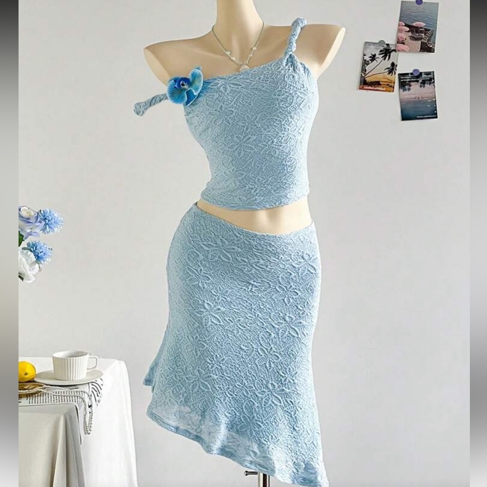 Blue Floral Lace Two-Piece Set